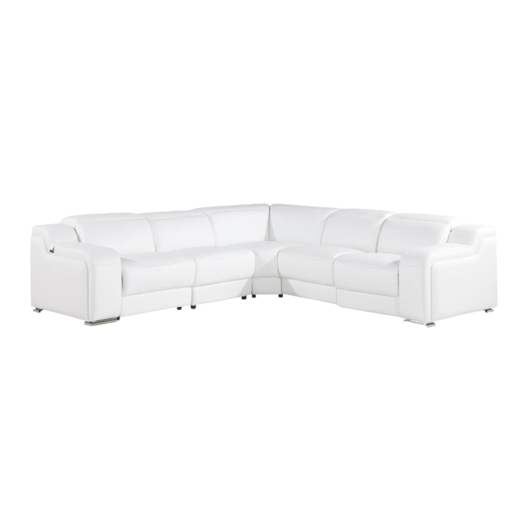 White Italian Leather Power Reclining L Shaped Five Piece Corner Sectional