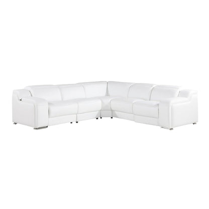 White Italian Leather Power Reclining L Shaped Five Piece Corner Sectional
