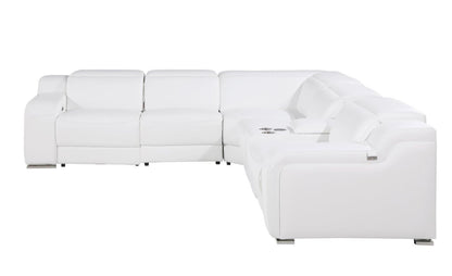 White Italian Leather Power Reclining L Shaped Six Piece Corner Sectional With Console