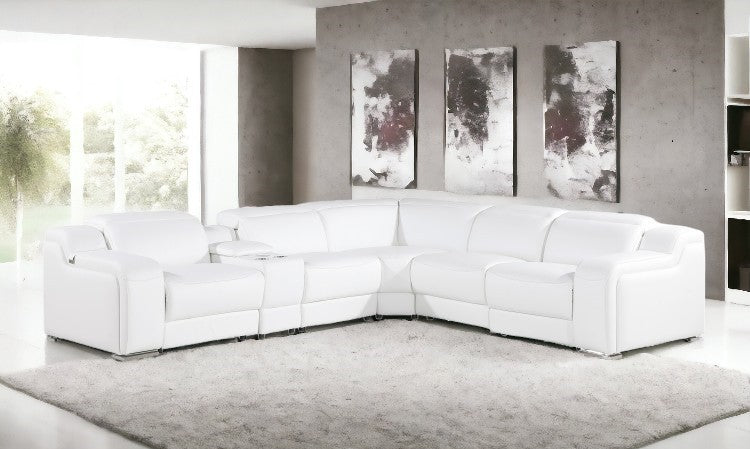 White Italian Leather Power Reclining L Shaped Six Piece Corner Sectional With Console