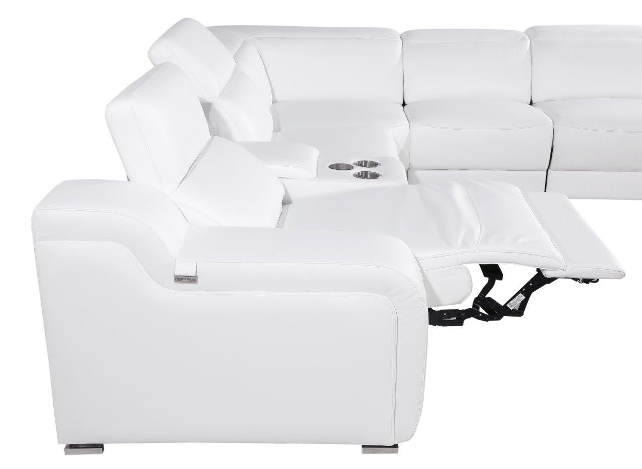 White Italian Leather Power Reclining L Shaped Six Piece Corner Sectional With Console