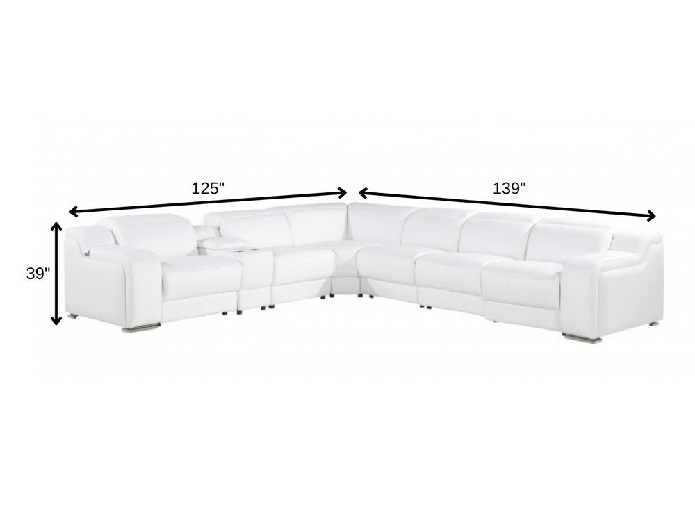 White Italian leather 3 power reclining seats L shaped Seven Piece Corner Sectional With Console
