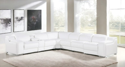 White Italian leather 3 power reclining seats L shaped Seven Piece Corner Sectional With Console