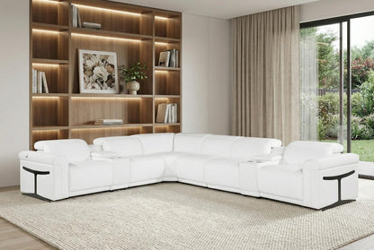 White Italian leather 3 power reclining seats L shaped Seven Piece Corner Sectional With Console