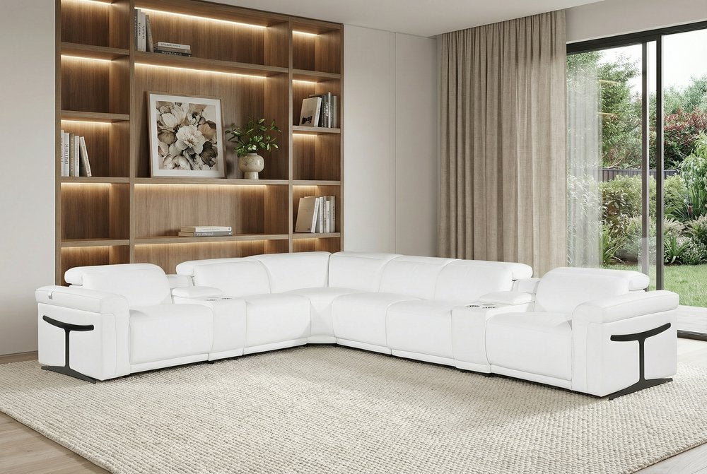 White Italian leather 3 power reclining seats L shaped Seven Piece Corner Sectional With Console