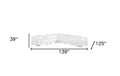 White Italian leather 3 power reclining seats L shaped Seven Piece Corner Sectional With Console