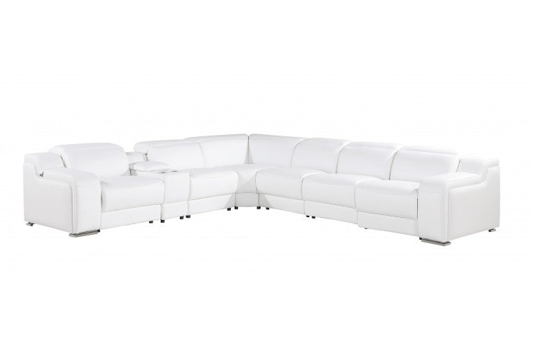 White Italian leather 3 power reclining seats L shaped Seven Piece Corner Sectional With Console