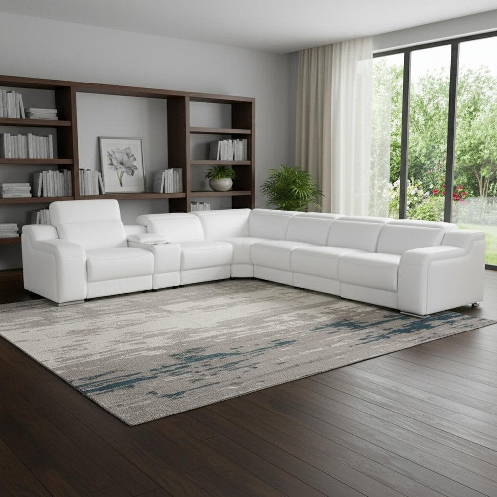 White Italian leather 4 power reclining seats L shaped Seven Piece Corner Sectional With Console