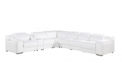 White Italian leather 4 power reclining seats L shaped Seven Piece Corner Sectional With Console