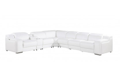 White Italian leather 4 power reclining seats L shaped Seven Piece Corner Sectional With Console