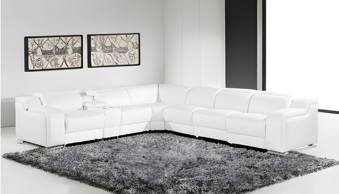 White Italian leather 4 power reclining seats L shaped Seven Piece Corner Sectional With Console