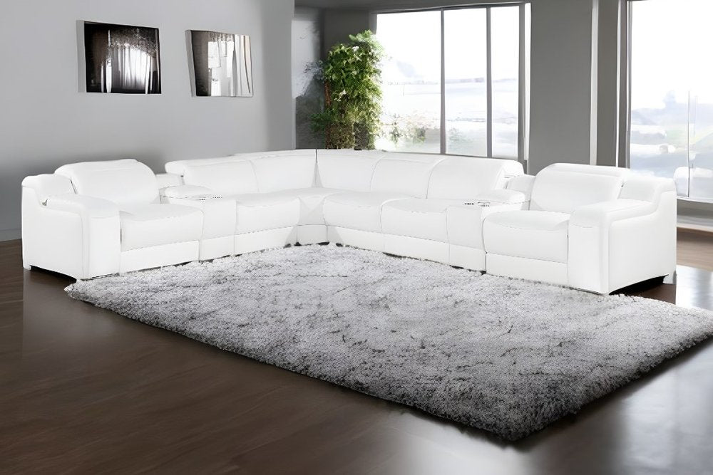 White Italian Leather 3 Power Reclining L Shaped Eight Piece Corner Sectional With Console