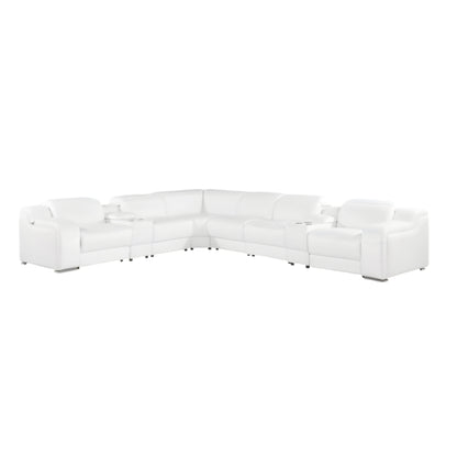 White Italian Leather 3 Power Reclining L Shaped Eight Piece Corner Sectional With Console