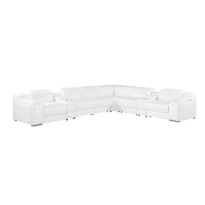 White Italian Leather 3 Power Reclining L Shaped Eight Piece Corner Sectional With Console