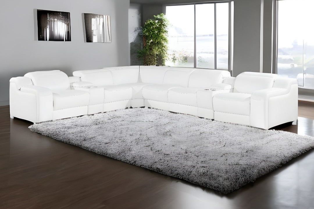 White Italian Leather 4 Power Reclining L Shaped Eight Piece Corner Sectional With Console