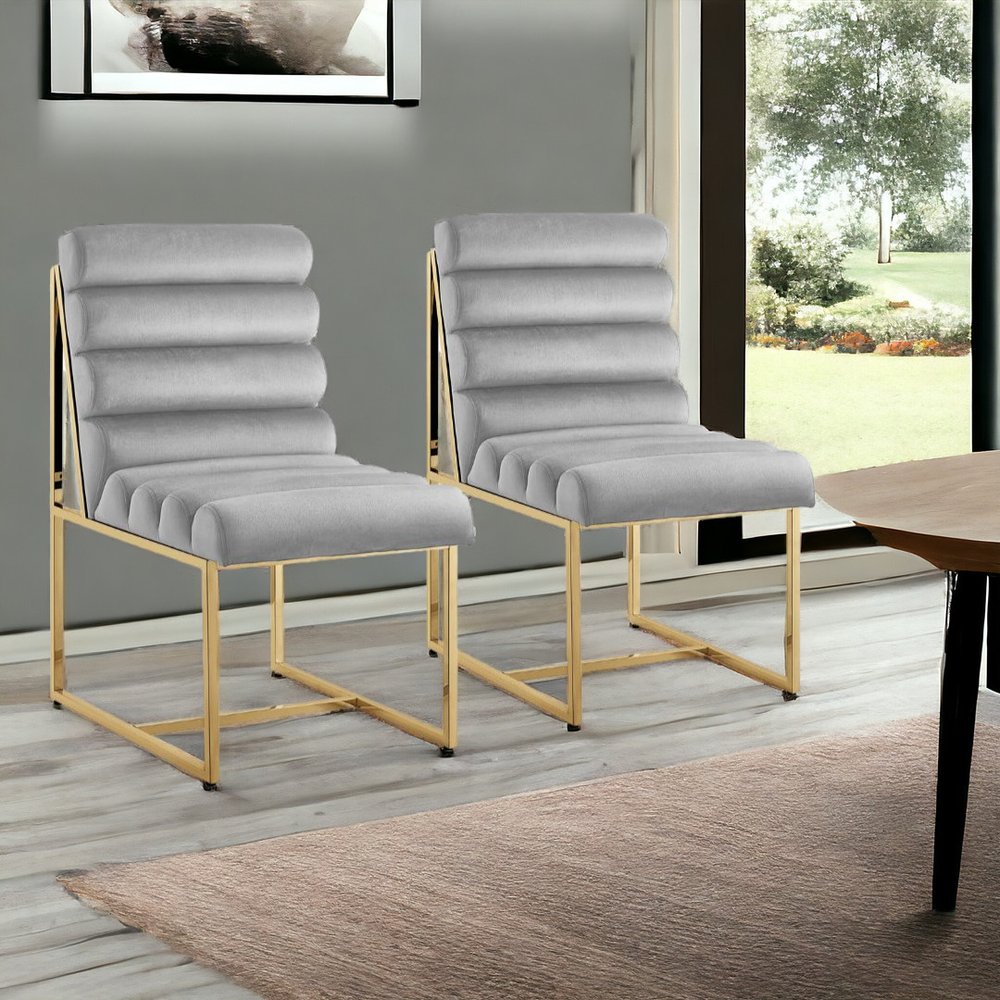 Set of Two Tufted Gray And Gold Upholstered Velvet Dining Side Chairs