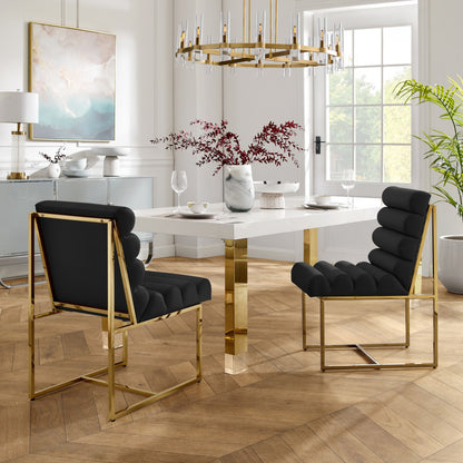 Set of Two Tufted Black And Gold Upholstered Faux Leather Dining Side Chairs