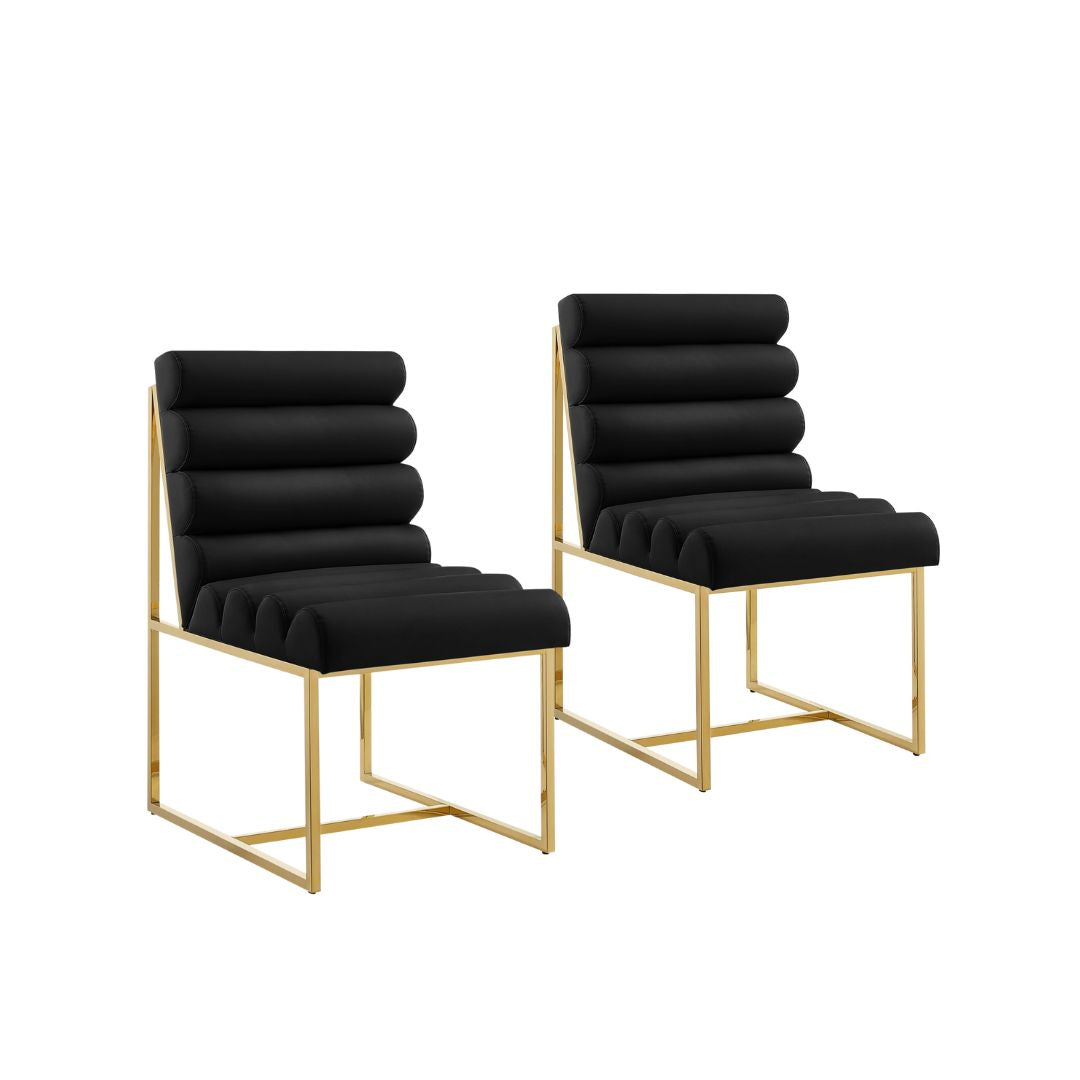 Set of Two Tufted Black And Gold Upholstered Faux Leather Dining Side Chairs