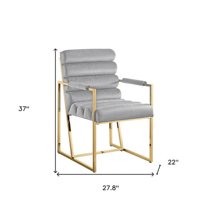 Set of Two Tufted Gray And Gold Upholstered Velvet Dining Arm Chairs