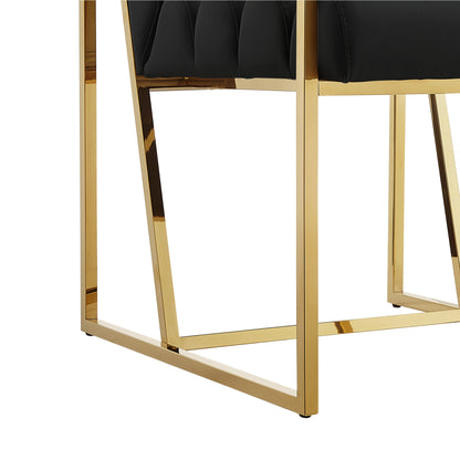 Set of Two Tufted Black And Gold Upholstered Faux Leather Dining Arm Chairs