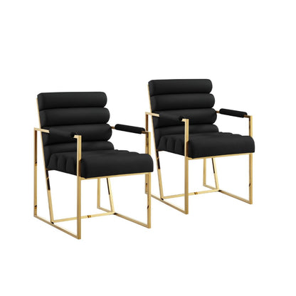 Set of Two Tufted Black And Gold Upholstered Faux Leather Dining Arm Chairs