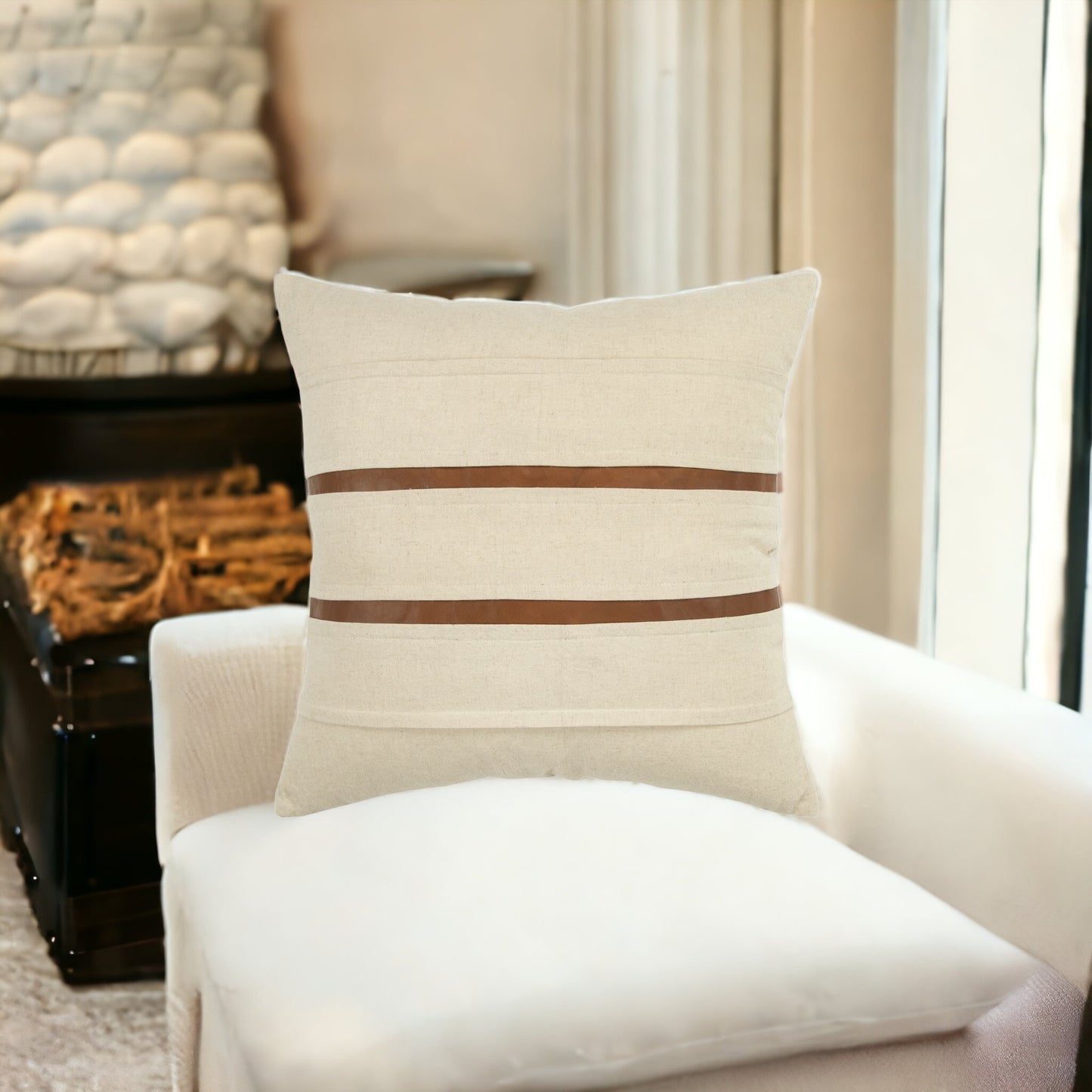 20" X 20" Ivory and Brown Striped Cotton Blend Zippered Pillow