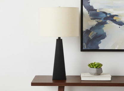 27" Black Geometric Table Lamp With Beige Drum Shade