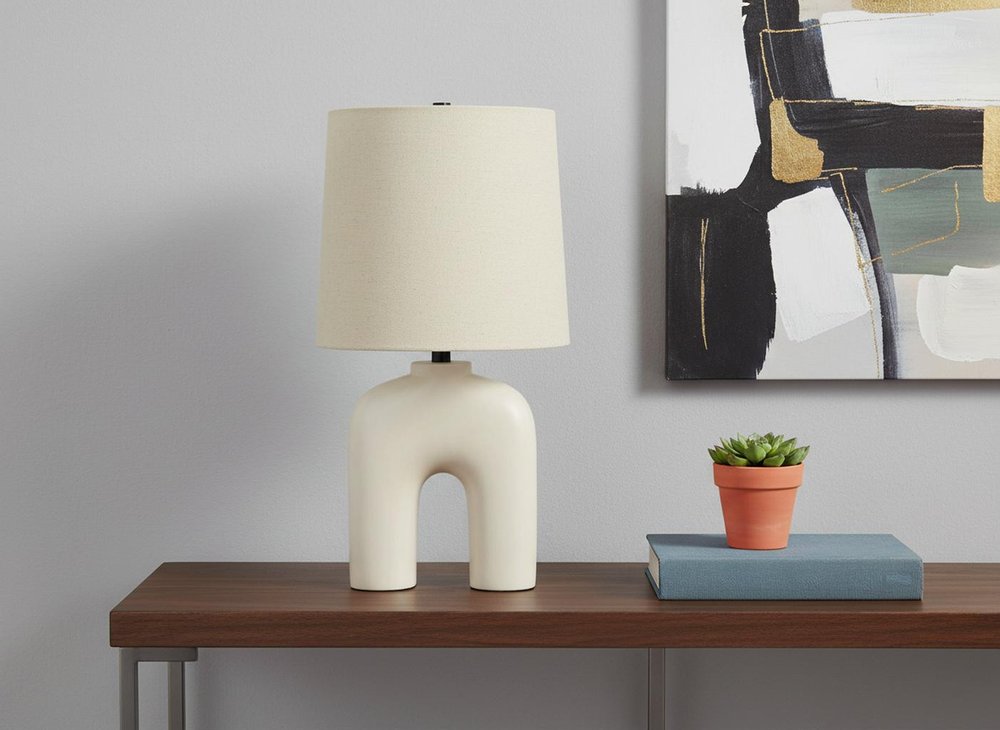 25" Cream Geometric Table Lamp With Beige Empire Shade