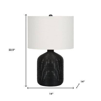 23" Black Rattan Round Table Lamp With Ivory Drum Shade