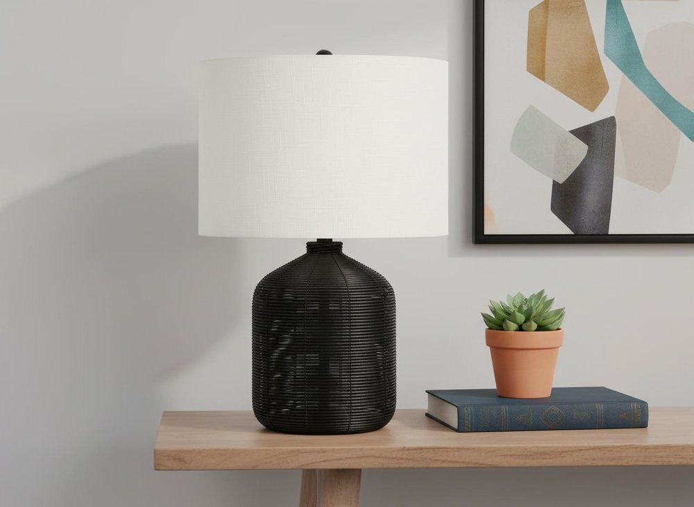 23" Black Rattan Round Table Lamp With Ivory Drum Shade