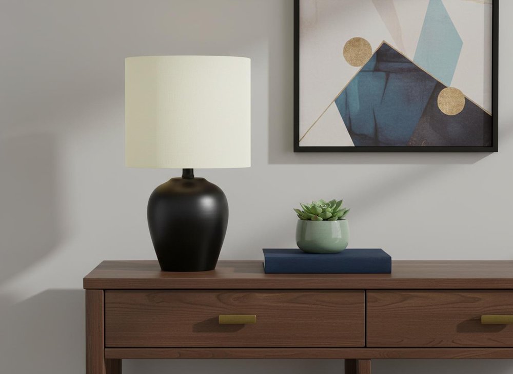 17" Black Ceramic Round Table Lamp With Ivory Drum Shade