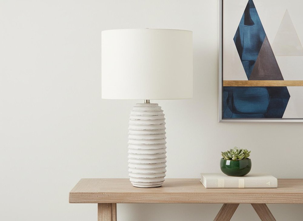 28" Cream Geometric Table Lamp With Cream Drum Shade