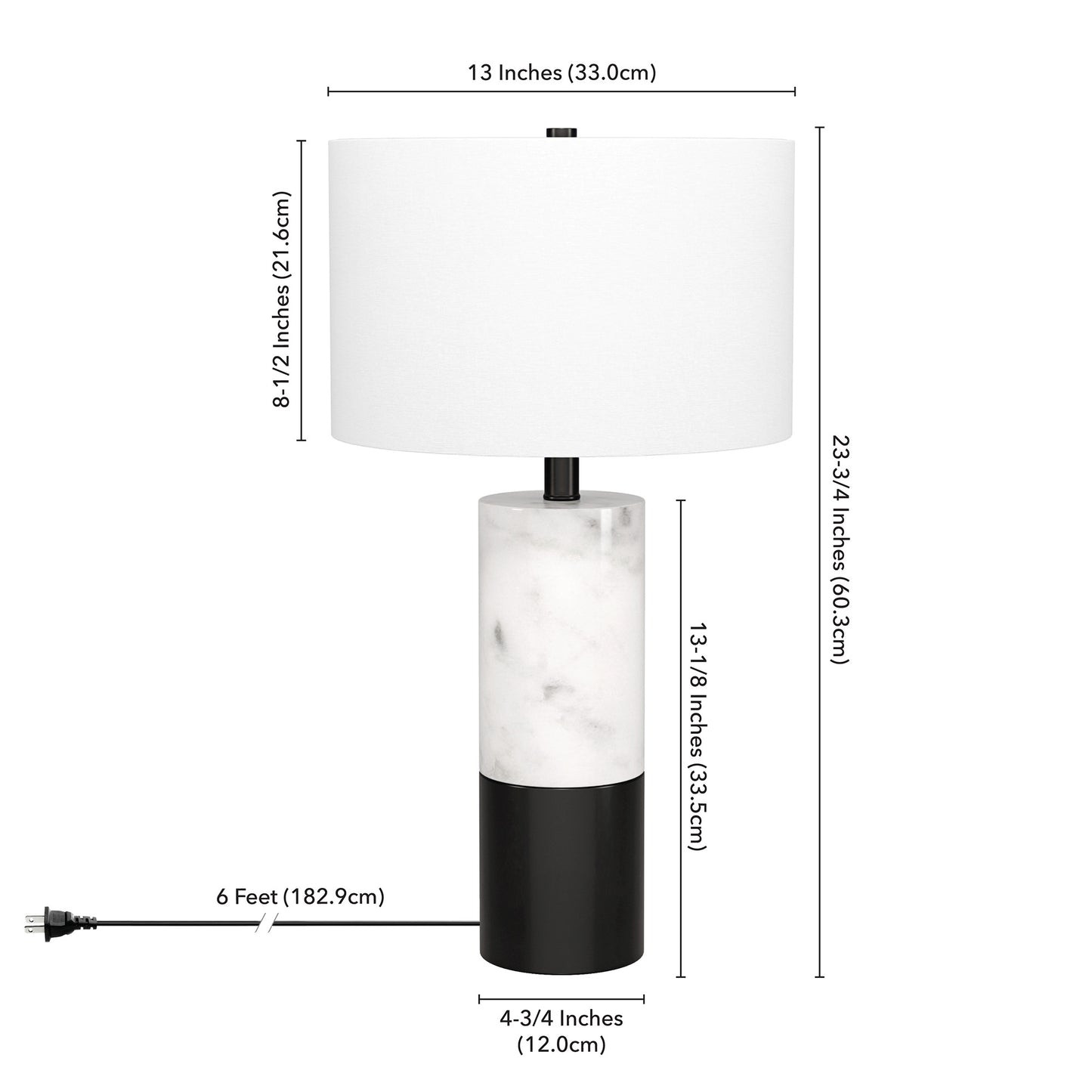 24" Black and White Marble and Metal Cylinder Table Lamp With White Drum Shade