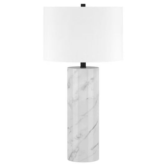 30" White and Gray Marble Table Lamp With White Drum Shade