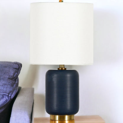 15" Blue and Gold Ceramic Cylinder Table Lamp With White Drum Shade