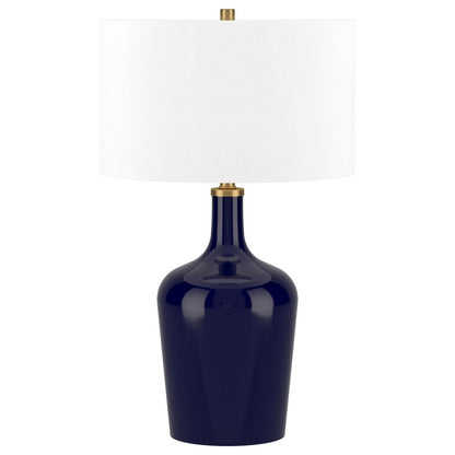 25" Blue Glass Urn Table Lamp With White Drum Shade