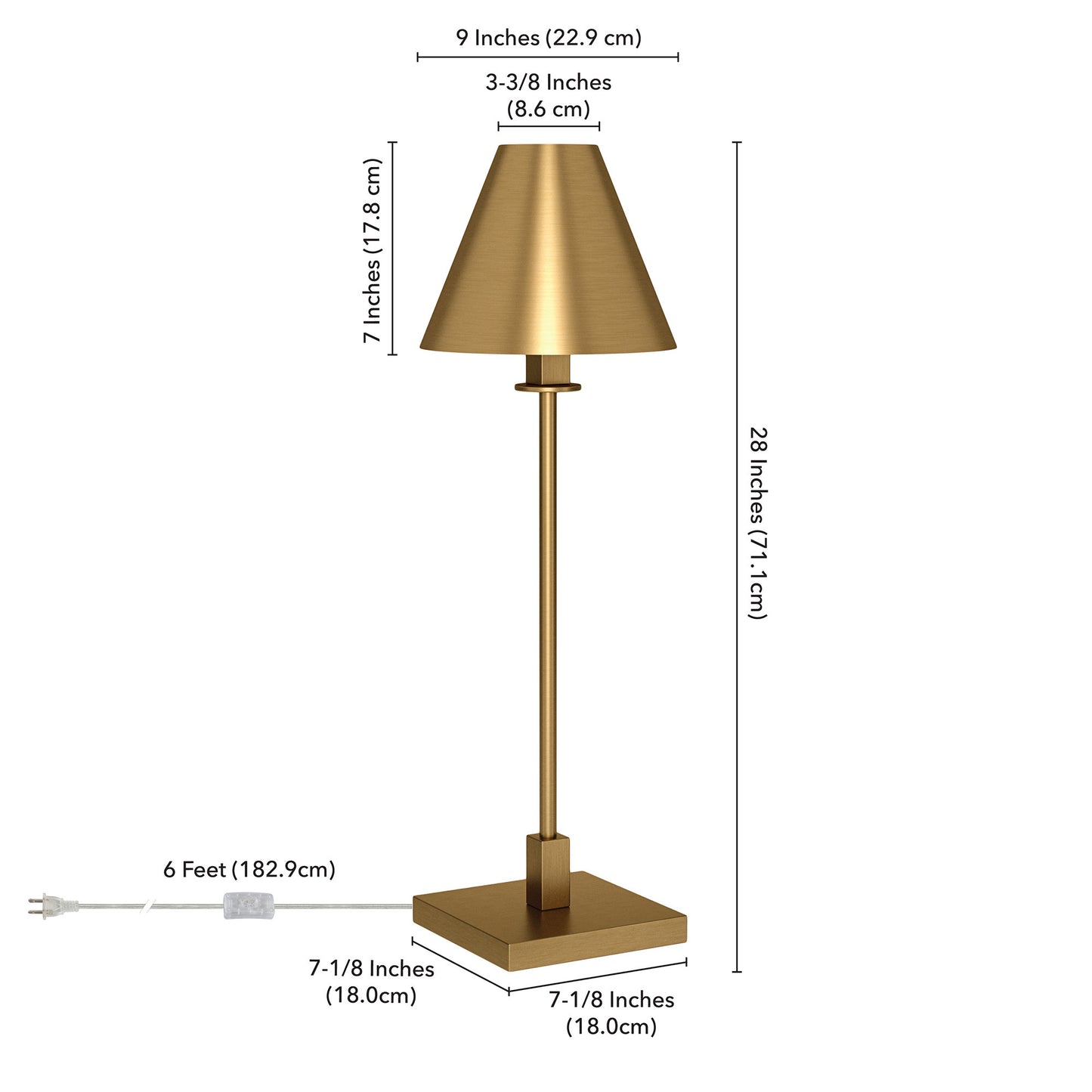 28" Brass Metal Buffet Lamp With Brass Cone Shade