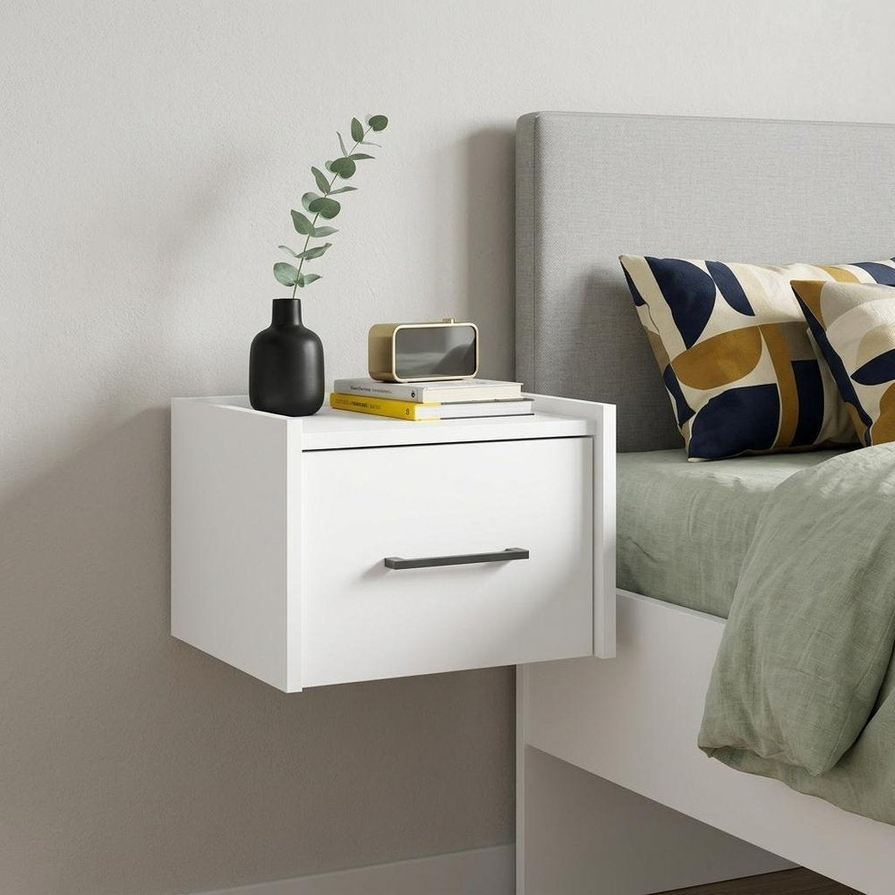 10" White Wood One Drawer Floating Nightstand