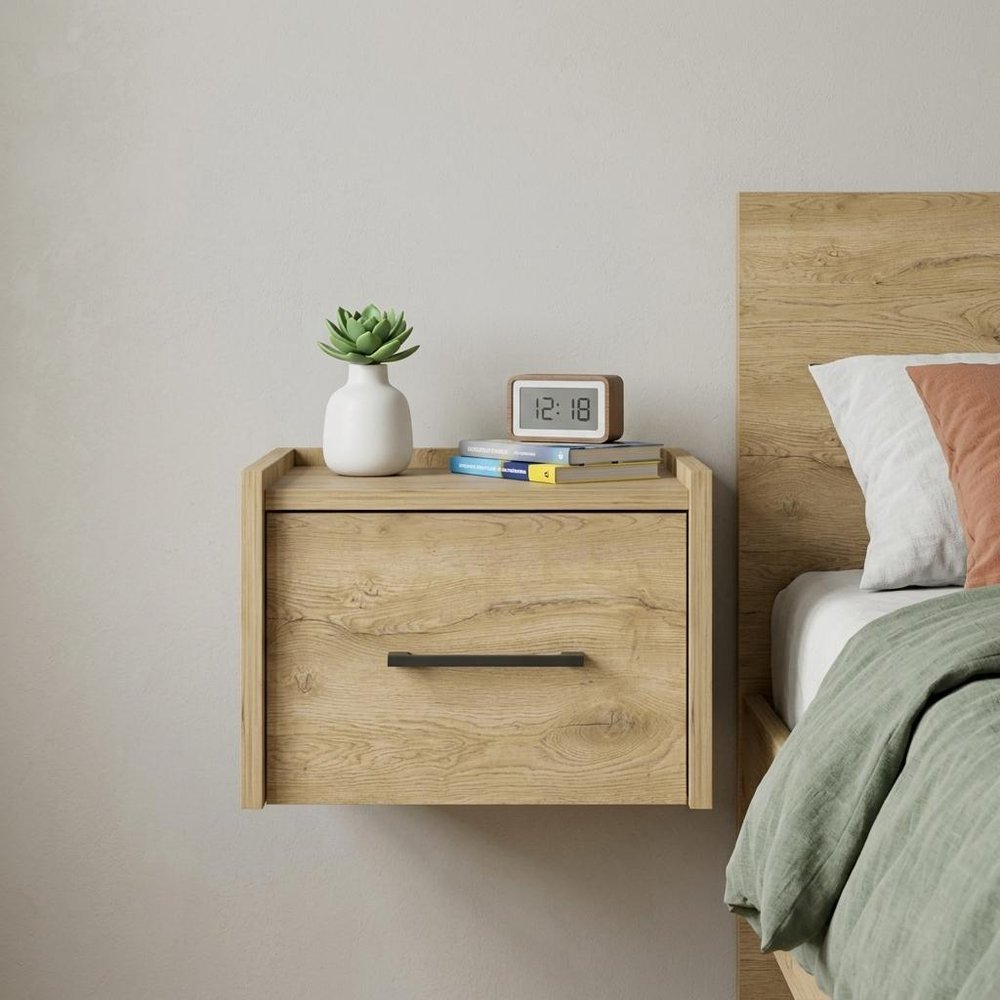 10" Beige One Drawer Faux Wood Floating Nightstand