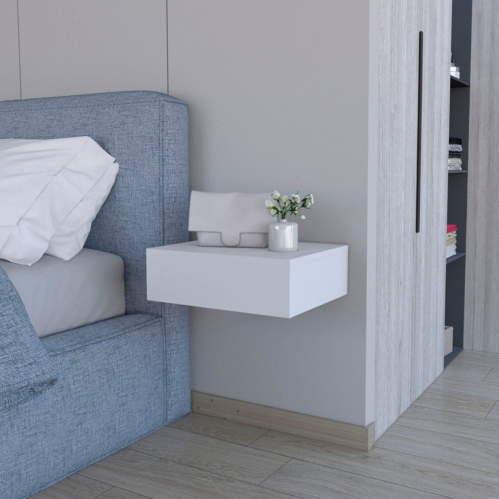 16" White Wood One Drawer Floating Nightstand