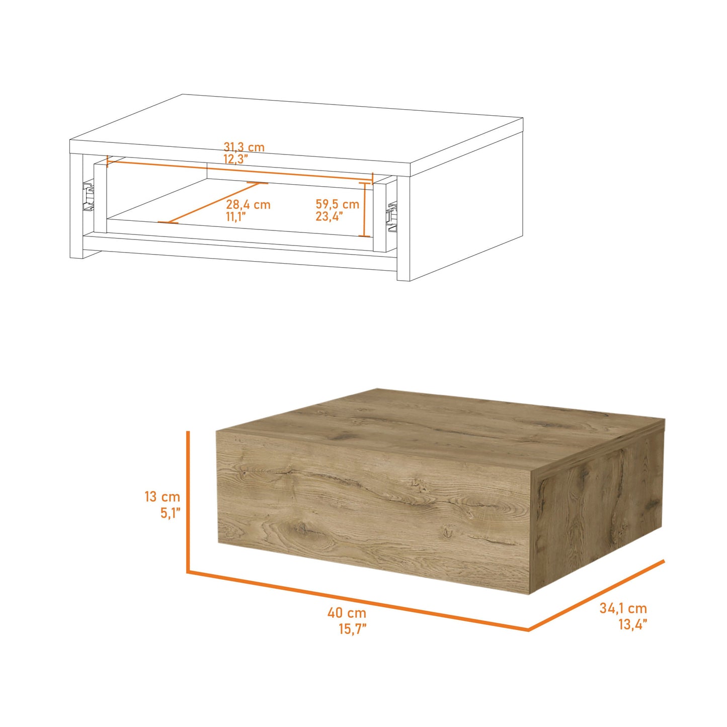 5" Beige One Drawer Faux Wood Floating Nightstand