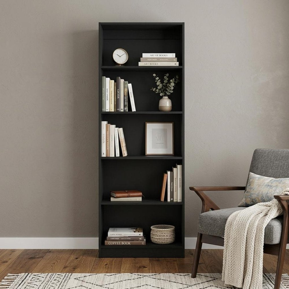 71" Black Wood Five Tier Bookcase