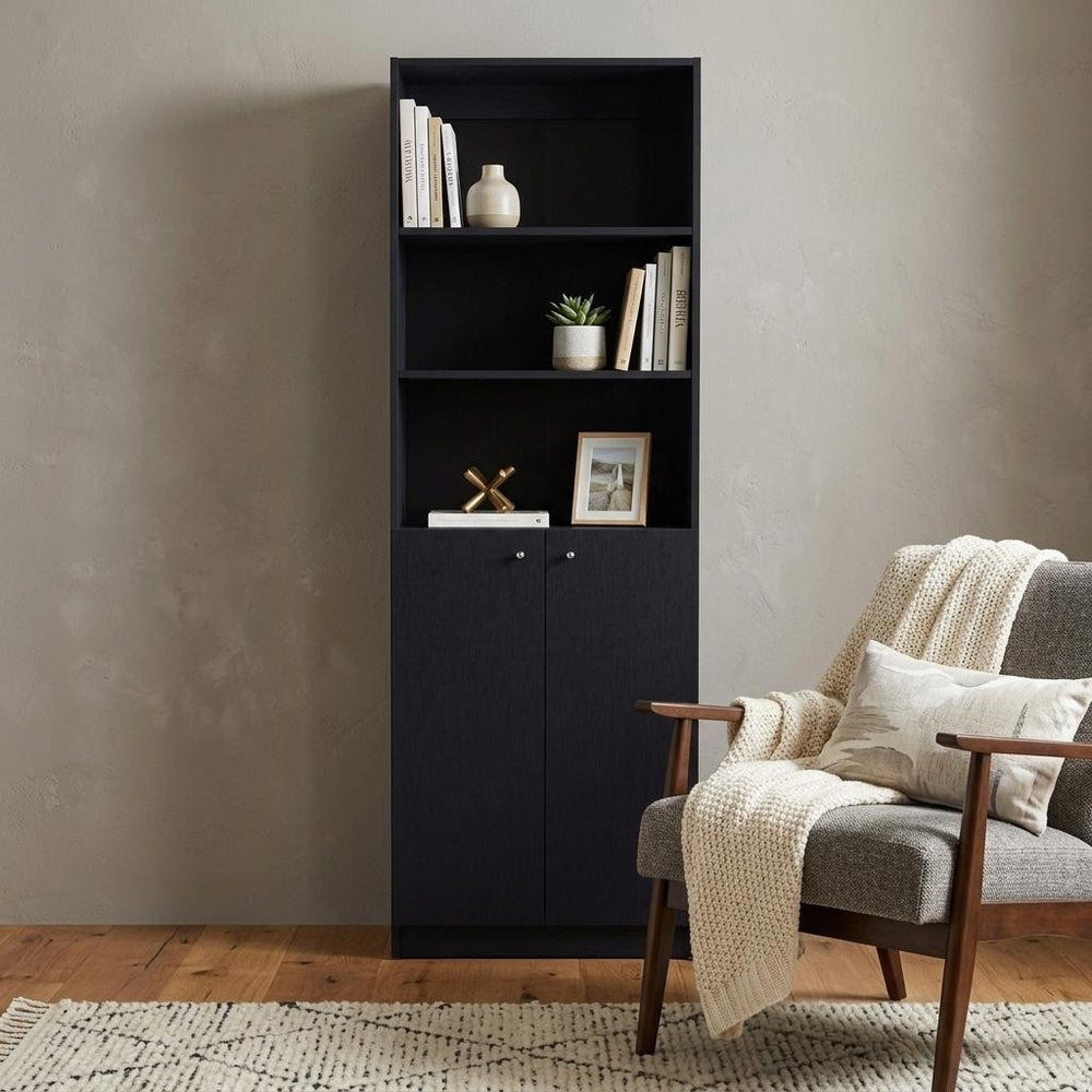 71" Black Five Tier Bookcase with Two doors