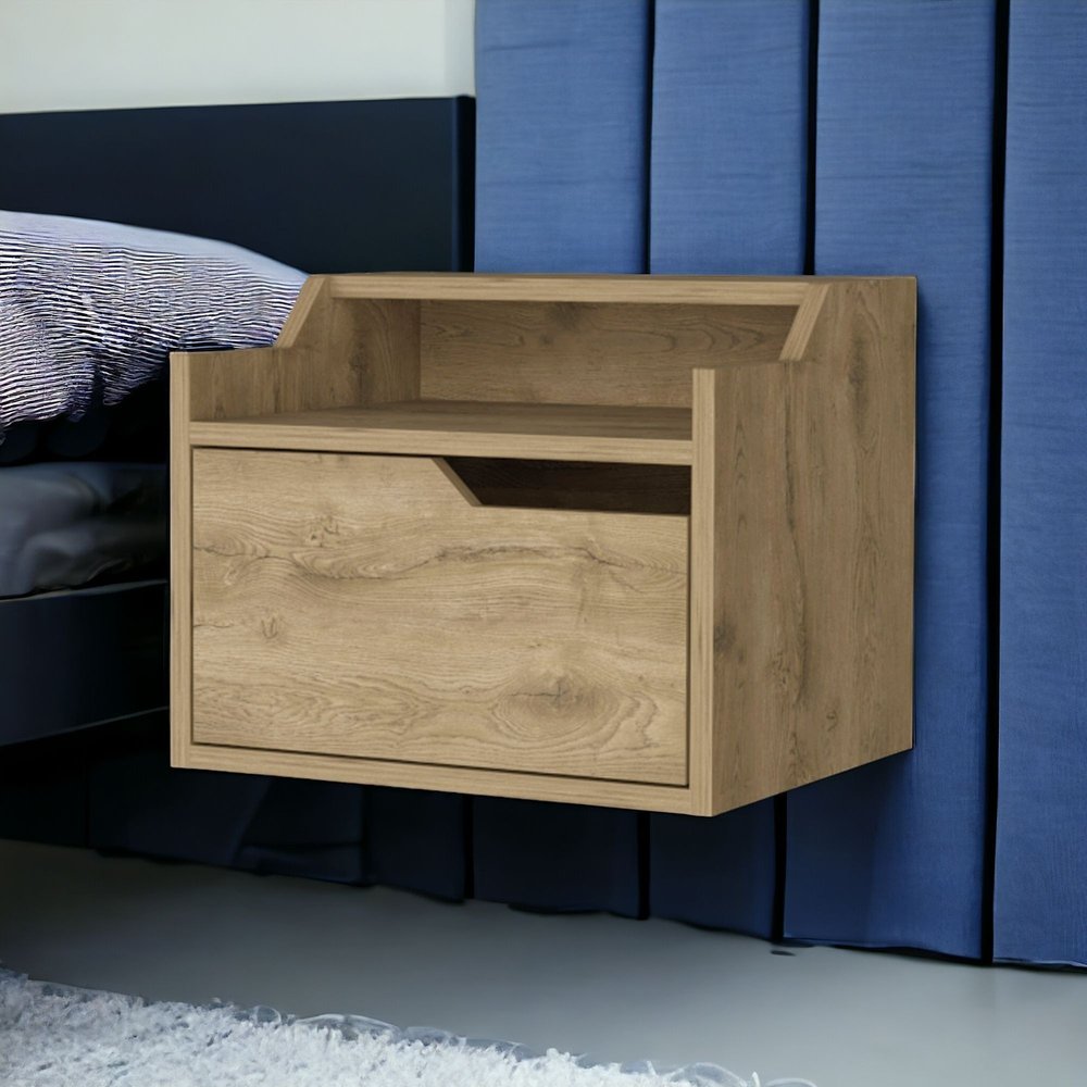 13" Beige Wood One Drawer Floating Nightstand