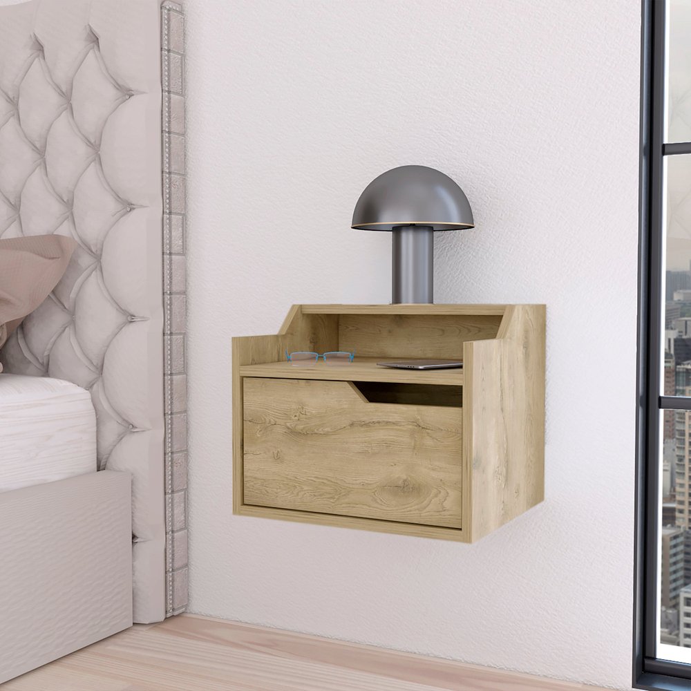 13" Beige Wood One Drawer Floating Nightstand