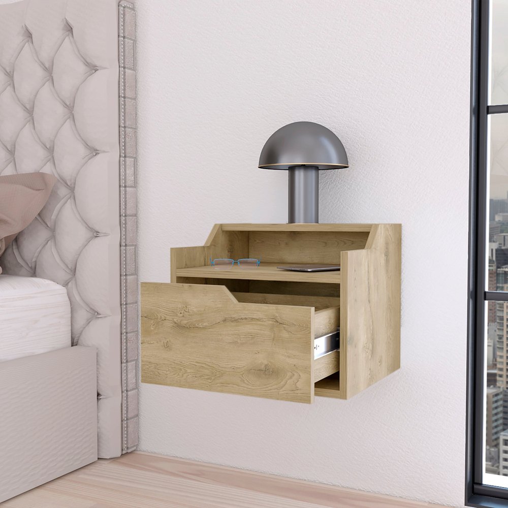 13" Beige Wood One Drawer Floating Nightstand