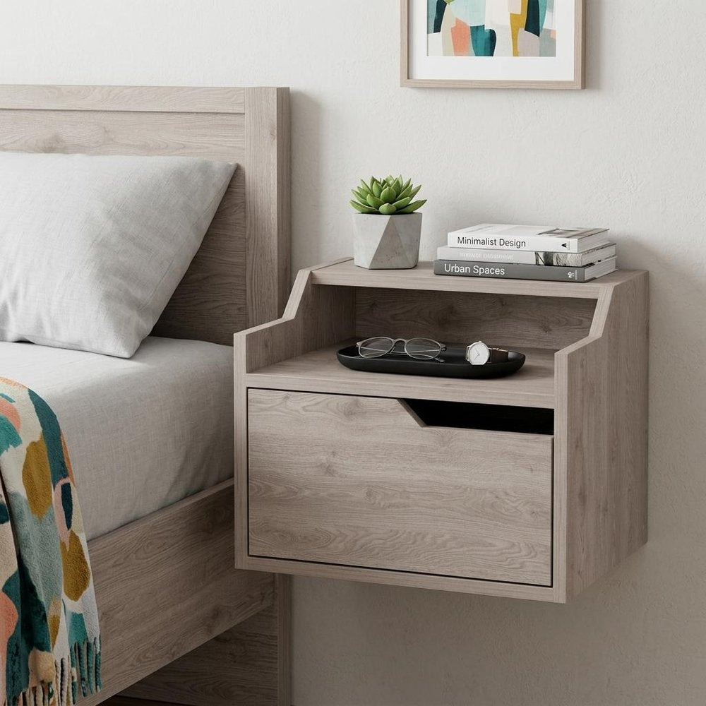 13" Gray Wood One Drawer Floating Nightstand