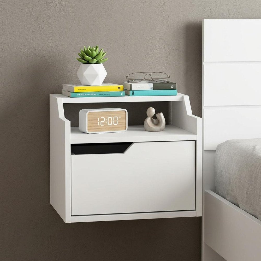 13" White Wood One Drawer Floating Nightstand