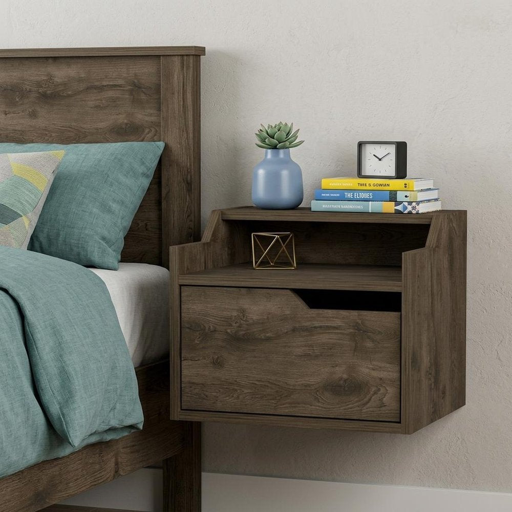13" Brown Wood One Drawer Floating Nightstand