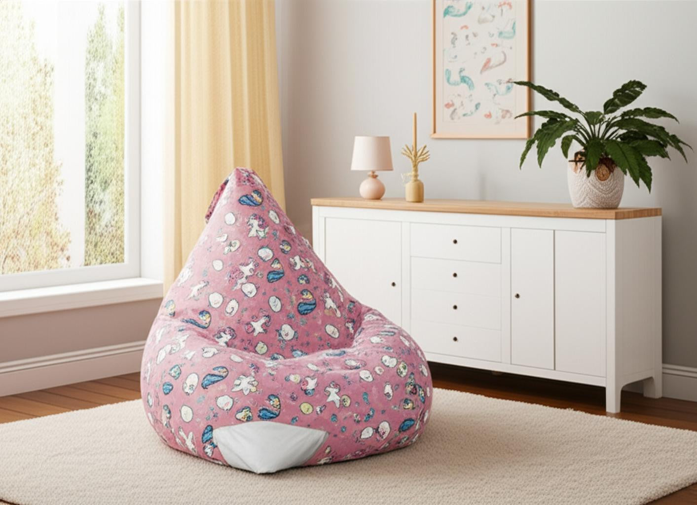 35" Blue and White Microfiber Sports Pouf Cover